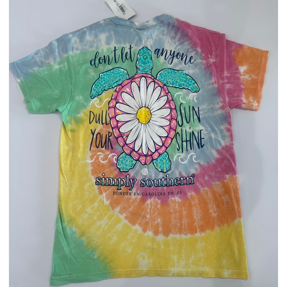 Simply Southern Womens Tie Dye Turtle Daisy Graphic T-Shirt Medium NWT Rainbow
